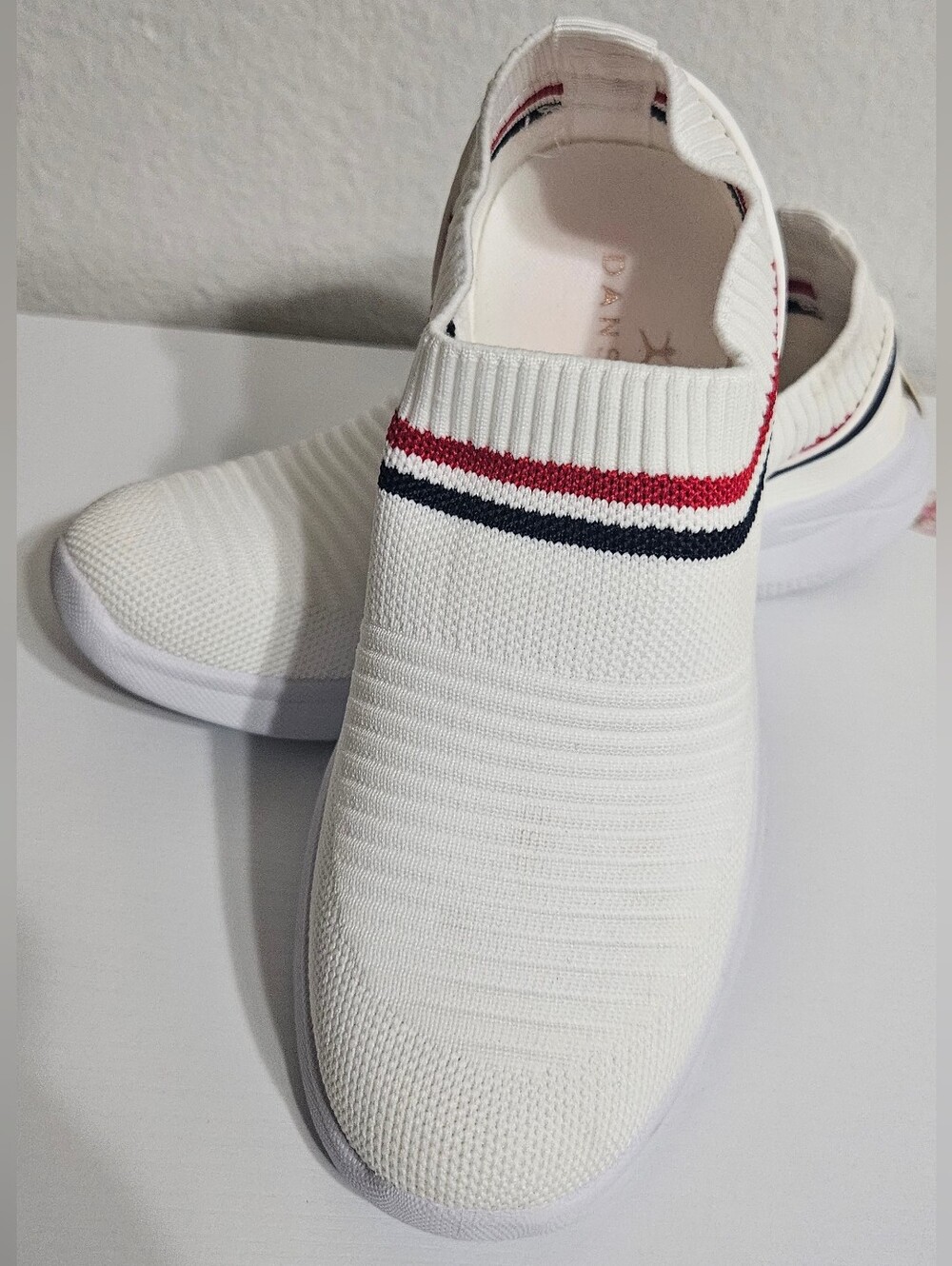 Danskin White Slip-On Knit Sneakers with Red & Navy Stripes